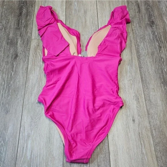 J. Crew Ruched V Neck Ruffle One Piece Swimsuit Women's 8 Fuchsia Hot Pink - Picture 5 of 8